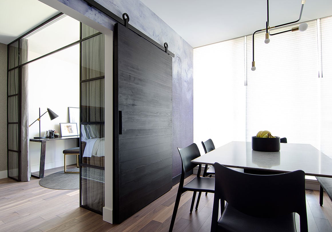 Krownlab modern sliding door hardware in black stainless finish with large door