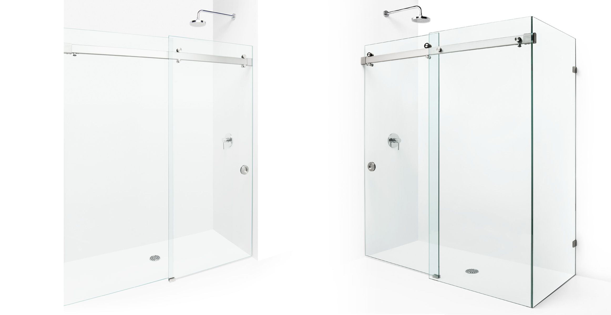 Frameless glass shower system in Brushed Stainless.
