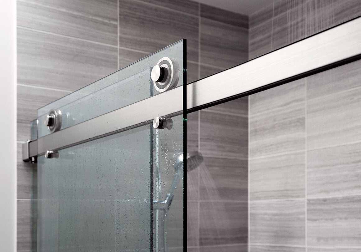 Krownlab modern sliding door hardware in brushed stainless finish for shower